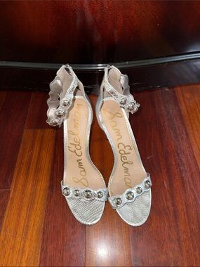 Sam Edelman Metallic Silver Beaded Ankle-Strap Heels
